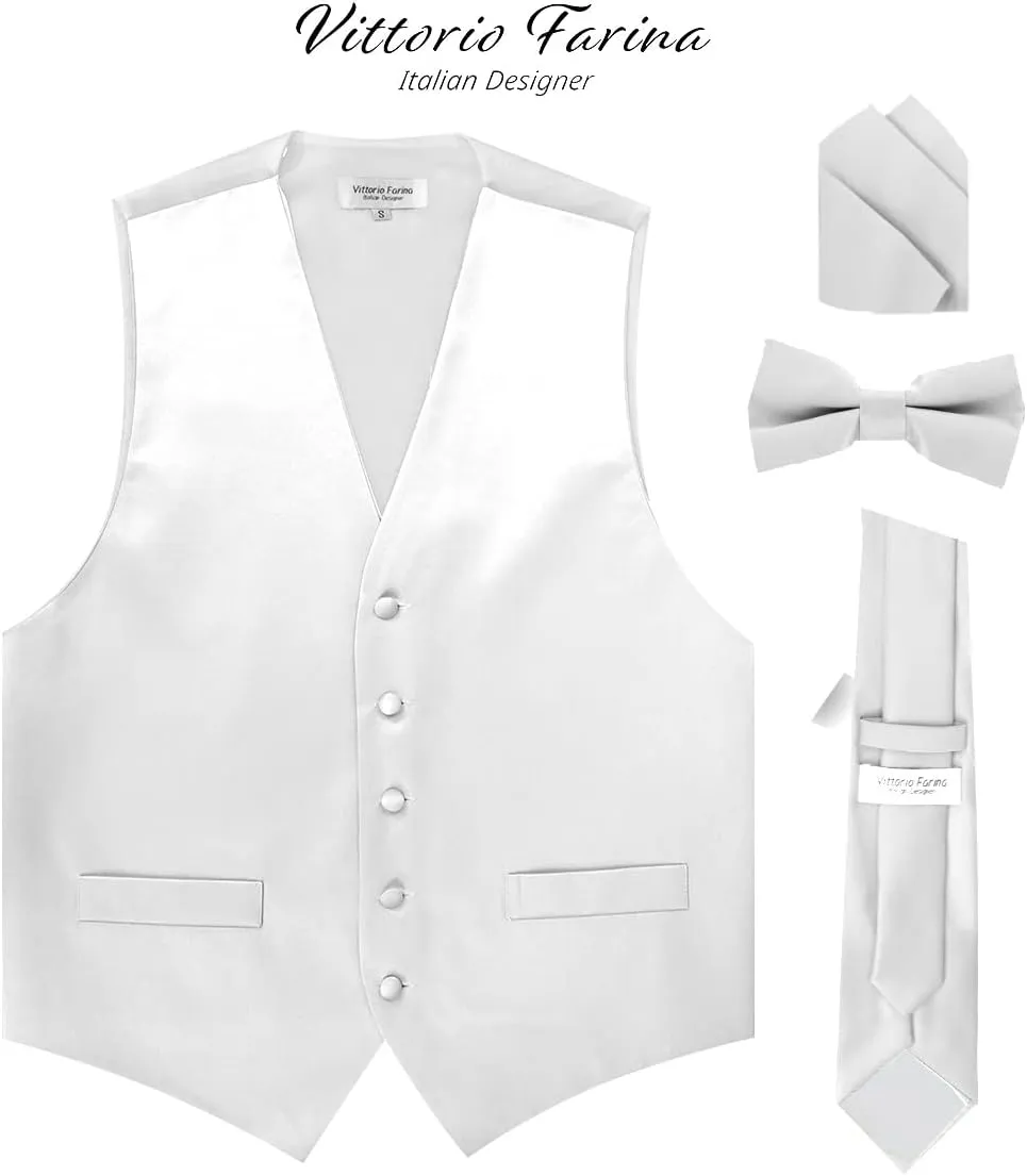 Solid Suit Vest for Men Set of 4 - Vest, Tie, Bow Tie & Pocket Square (White Back)