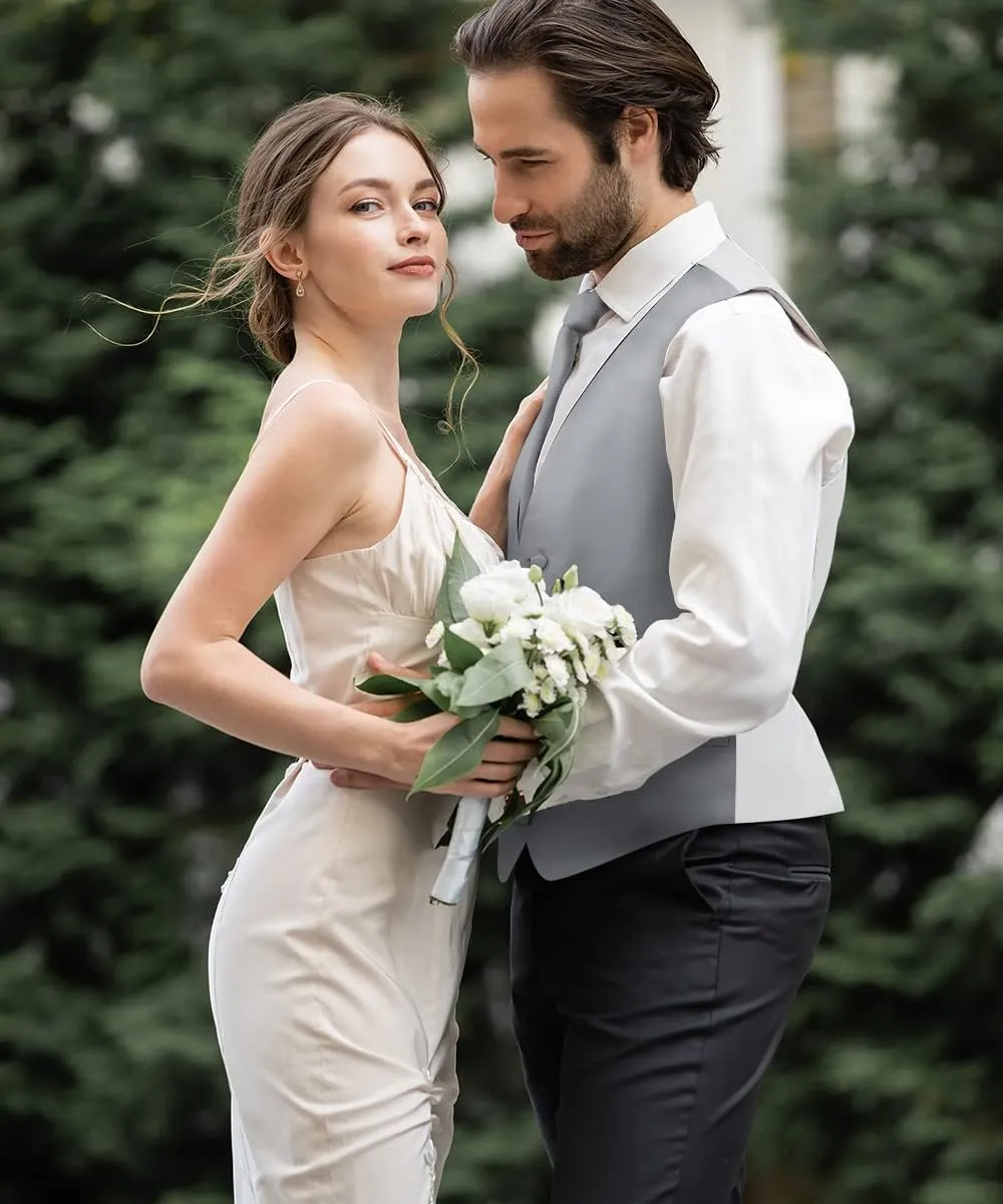 Solid Suit Vest for Men Set of 4 - Vest, Tie, Bow Tie & Pocket Square (White Back)