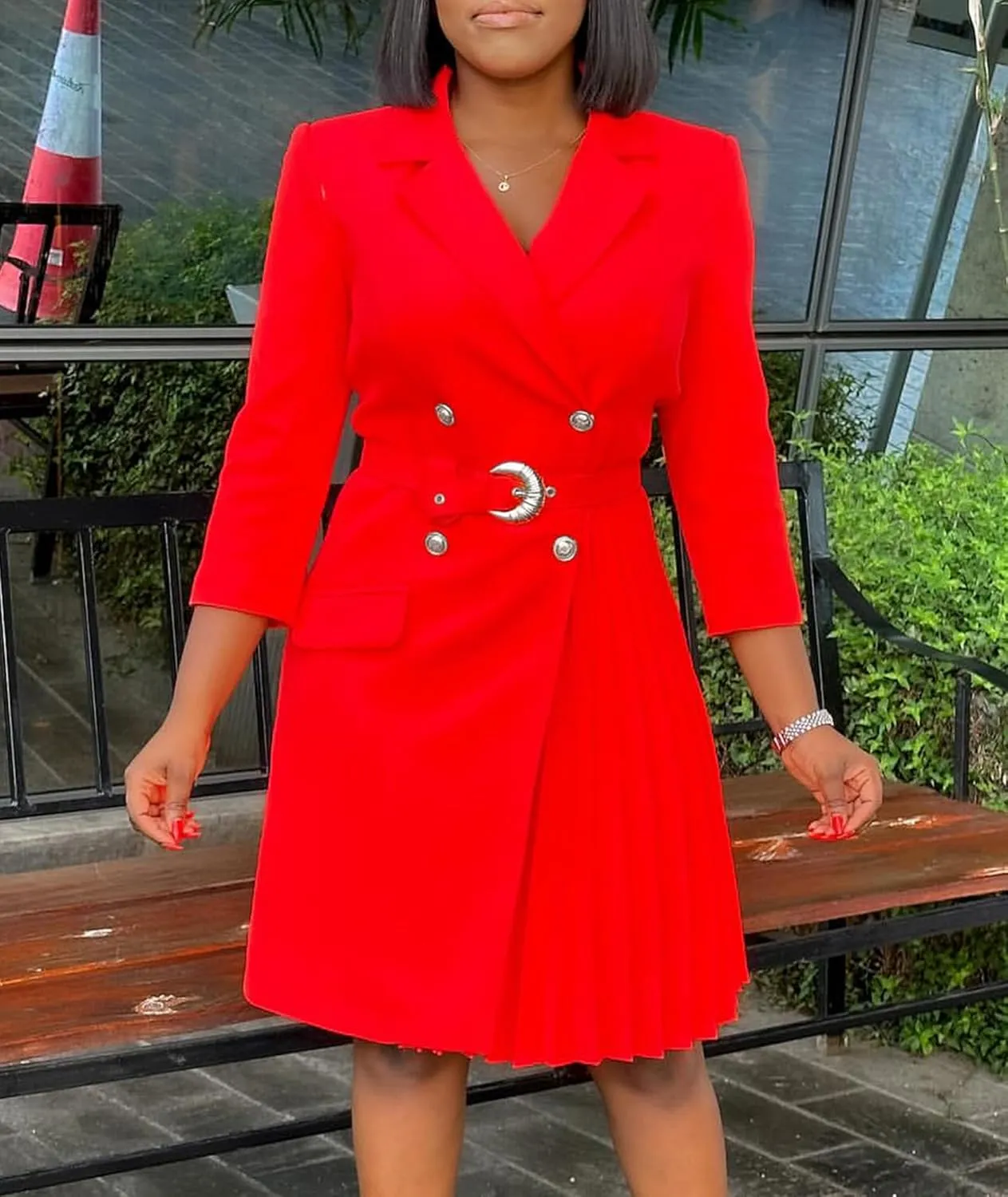 SOMTHRON Women's Lapel Double Breasted Blazer Dress V Neck 3/4 Sleeve Pleated Business Midi Dress with Belt