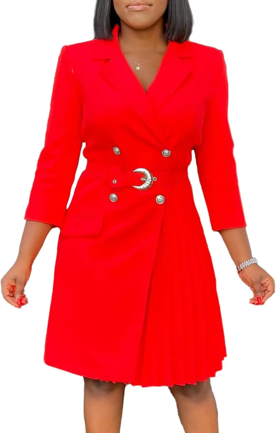 SOMTHRON Women's Lapel Double Breasted Blazer Dress V Neck 3/4 Sleeve Pleated Business Midi Dress with Belt