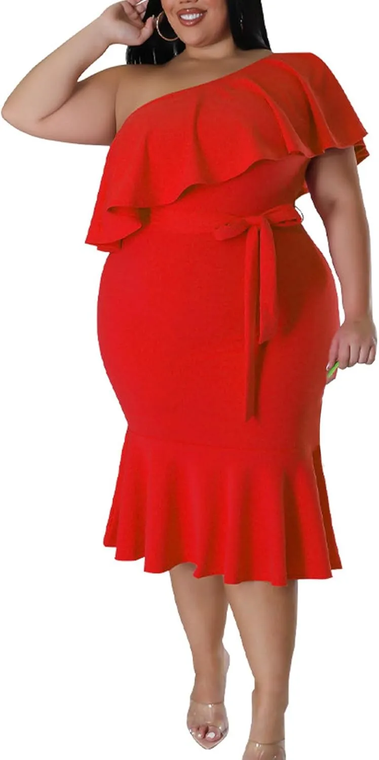 SOMTHRON Women's Plus Size One Shoulder Dresses Ruffle Short Sleeve Belted Bodycon Cocktail Party Midi Dress