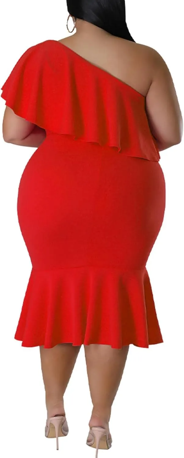 SOMTHRON Women's Plus Size One Shoulder Dresses Ruffle Short Sleeve Belted Bodycon Cocktail Party Midi Dress