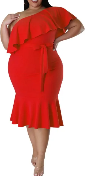 SOMTHRON Women's Plus Size One Shoulder Dresses Ruffle Short Sleeve Belted Bodycon Cocktail Party Midi Dress