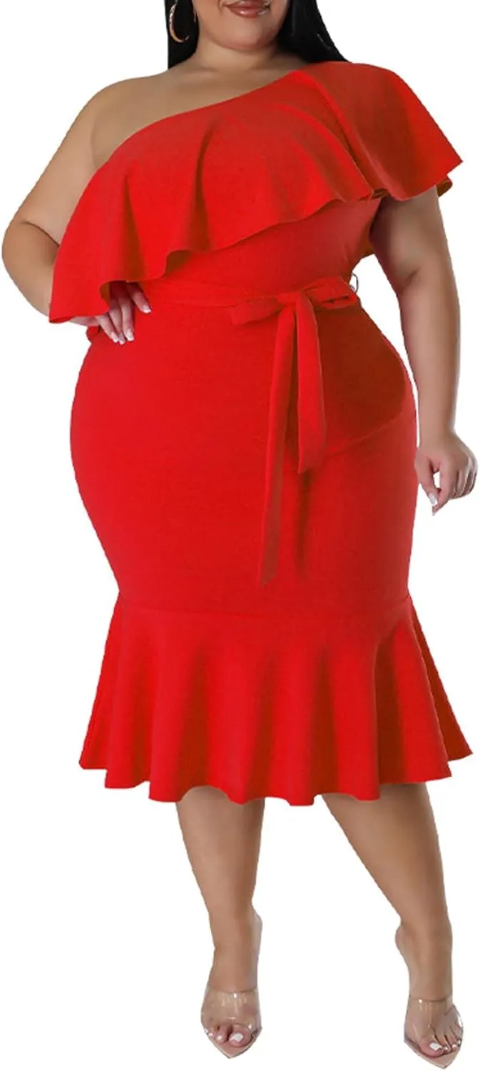 SOMTHRON Women's Plus Size One Shoulder Dresses Ruffle Short Sleeve Belted Bodycon Cocktail Party Midi Dress