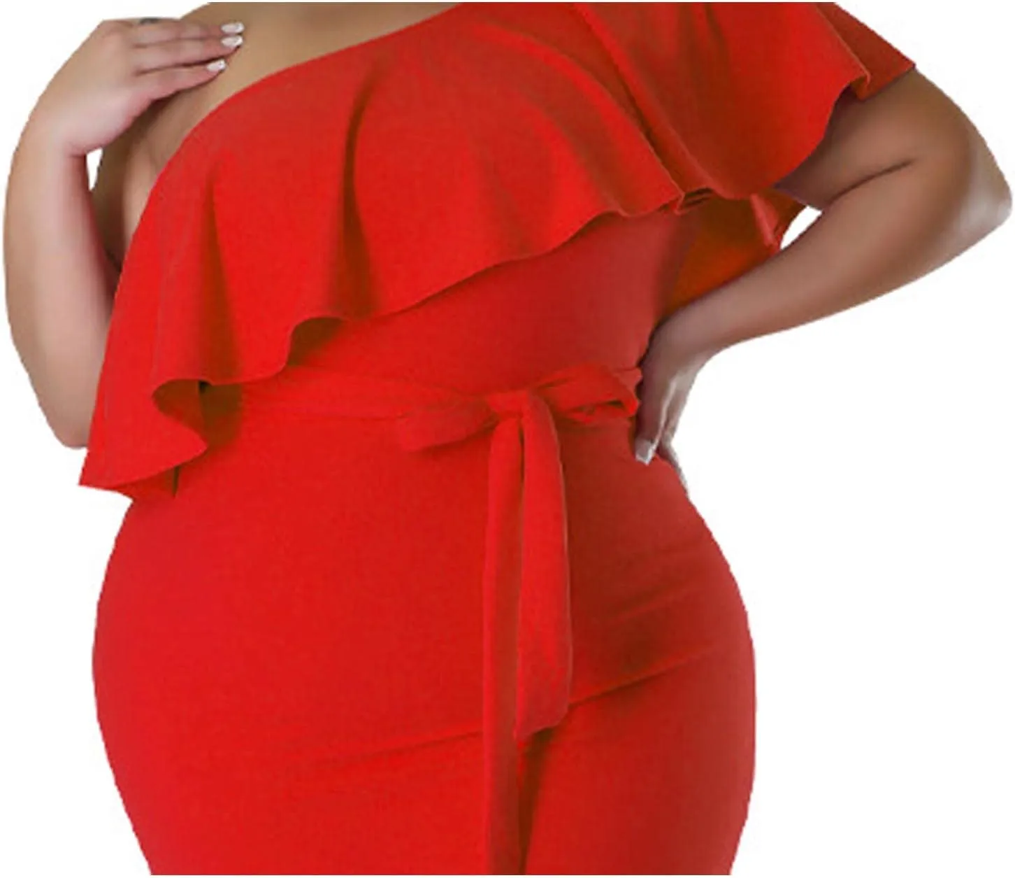SOMTHRON Women's Plus Size One Shoulder Dresses Ruffle Short Sleeve Belted Bodycon Cocktail Party Midi Dress