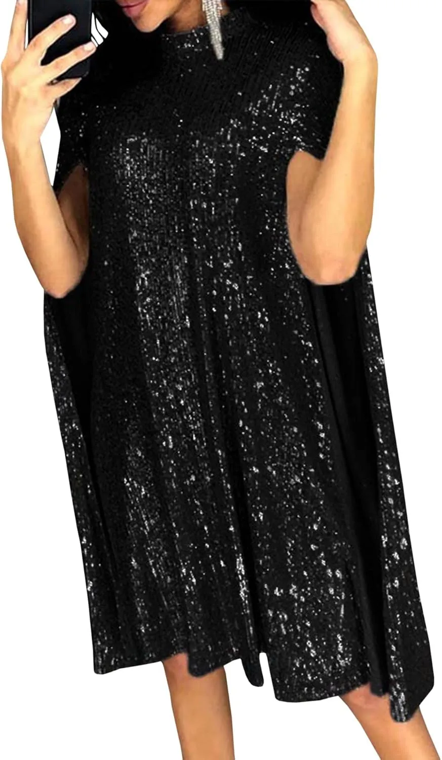 SOMTHRON Women's Sparkly Cloak Sleeve Mini Sequin Cape Dress Cloak Long Sleeve Shiny Gold Cocktail Party Short Dress