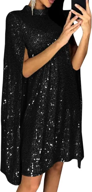 SOMTHRON Women's Sparkly Cloak Sleeve Mini Sequin Cape Dress Cloak Long Sleeve Shiny Gold Cocktail Party Short Dress