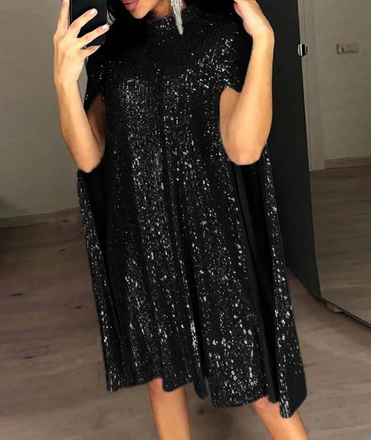SOMTHRON Women's Sparkly Cloak Sleeve Mini Sequin Cape Dress Cloak Long Sleeve Shiny Gold Cocktail Party Short Dress