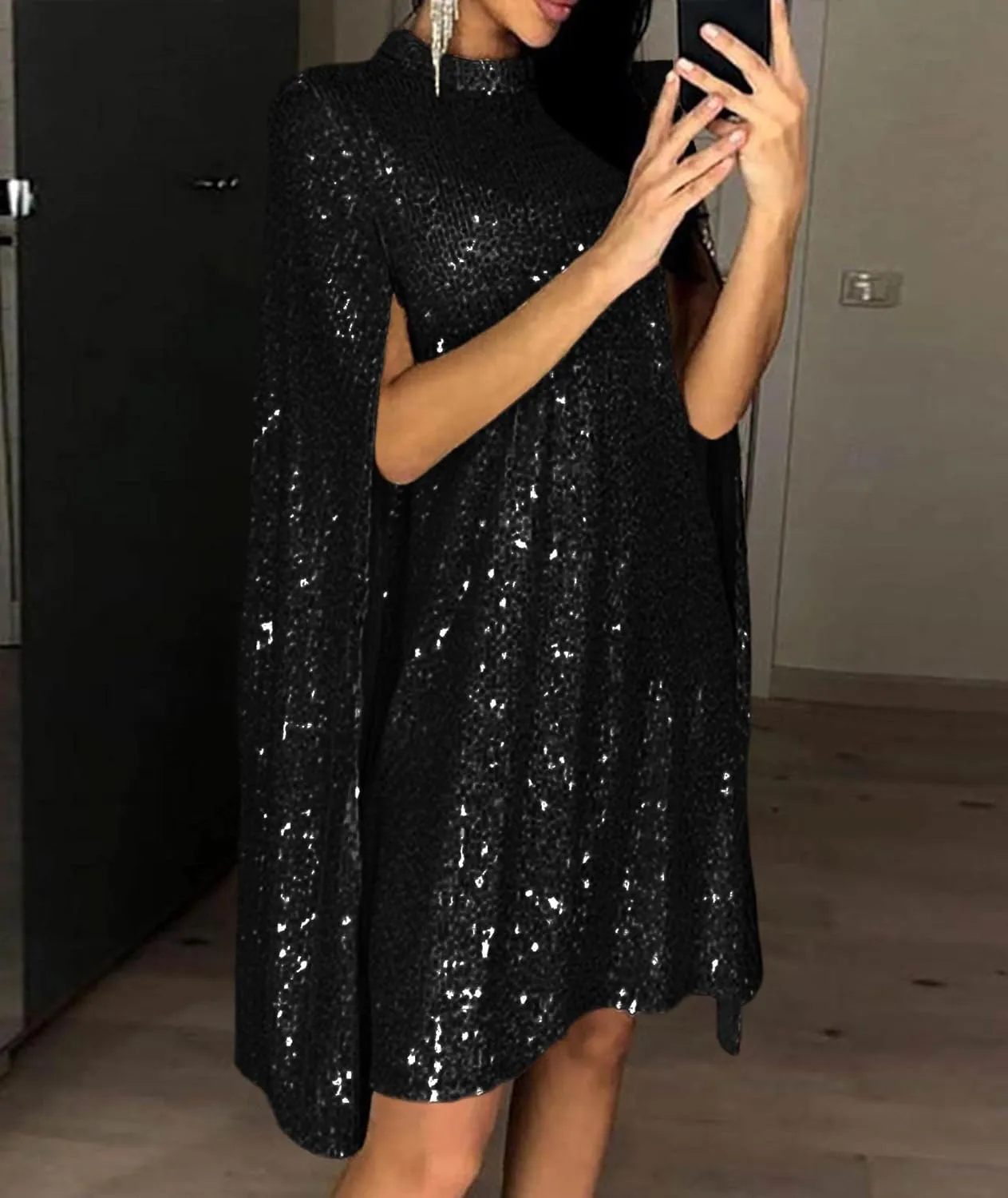 SOMTHRON Women's Sparkly Cloak Sleeve Mini Sequin Cape Dress Cloak Long Sleeve Shiny Gold Cocktail Party Short Dress