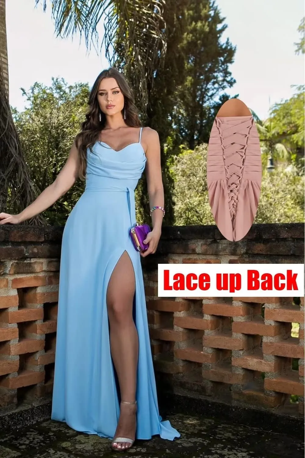 Spaghetti Strap Chiffon Long Bridesmaid Dresses Cowl Neck A Line Formal Evening Gowns with Slit
