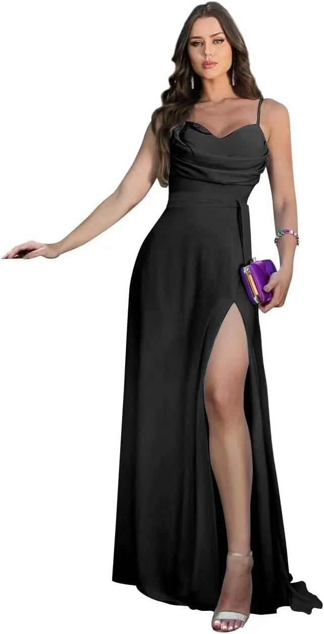 Spaghetti Strap Chiffon Long Bridesmaid Dresses Cowl Neck A Line Formal Evening Gowns with Slit