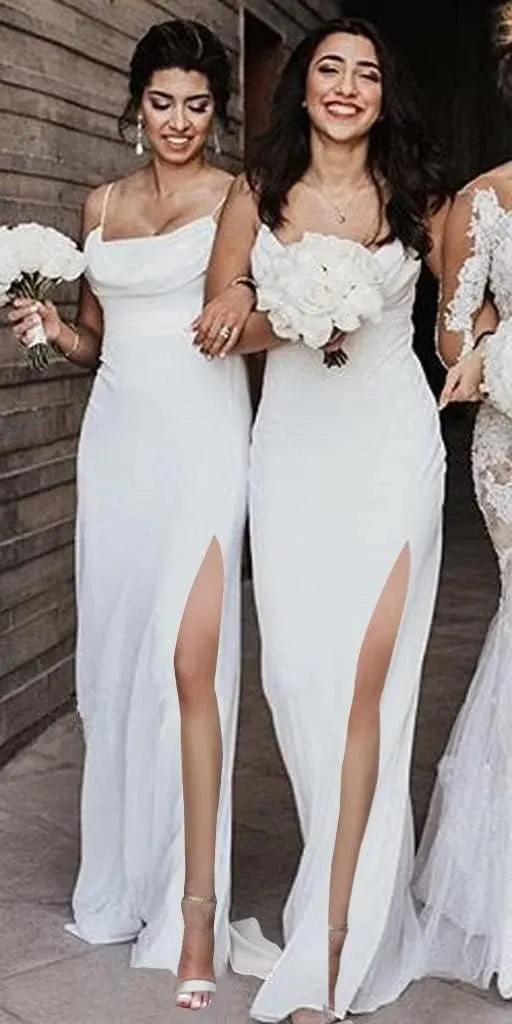Spaghetti Strap Chiffon Long Bridesmaid Dresses Cowl Neck A Line Formal Evening Gowns with Slit