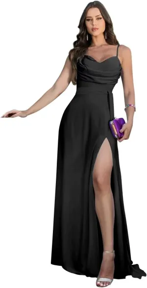 Spaghetti Strap Chiffon Long Bridesmaid Dresses Cowl Neck A Line Formal Evening Gowns with Slit