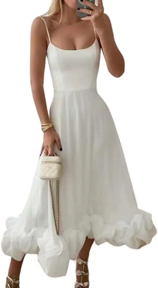 Spaghetti Strap Prom Dresses for Women 2025 Satin Ruffle Formal Evening Party Dress Tea Length PM016