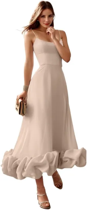 Spaghetti Strap Prom Dresses for Women 2025 Satin Ruffle Formal Evening Party Dress Tea Length PM016