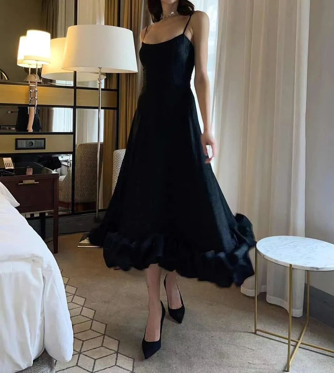 Spaghetti Strap Prom Dresses for Women 2025 Satin Ruffle Formal Evening Party Dress Tea Length PM016