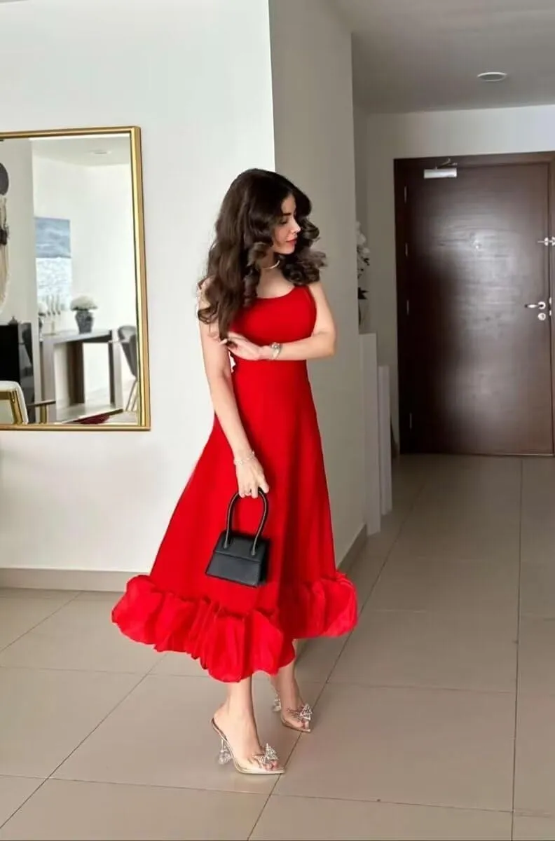 Spaghetti Strap Prom Dresses for Women 2025 Satin Ruffle Formal Evening Party Dress Tea Length PM016