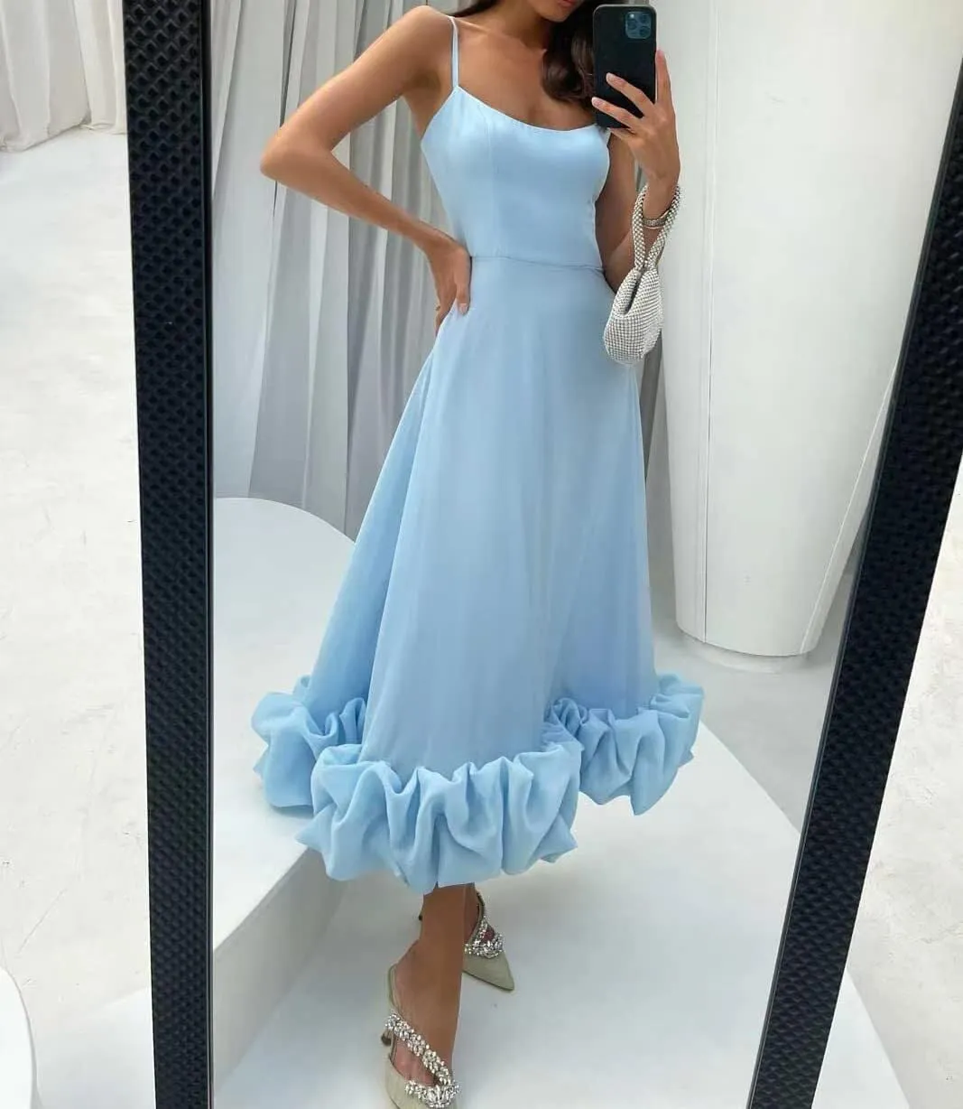 Spaghetti Strap Prom Dresses for Women 2025 Satin Ruffle Formal Evening Party Dress Tea Length PM016