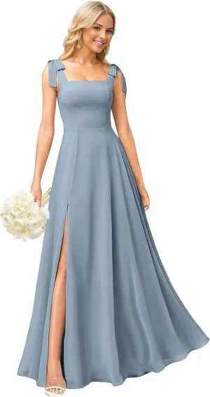 Square Neck Bridesmaid Dresses for Wedding Chiffon A Line Long Formal Evening Dress with Slit