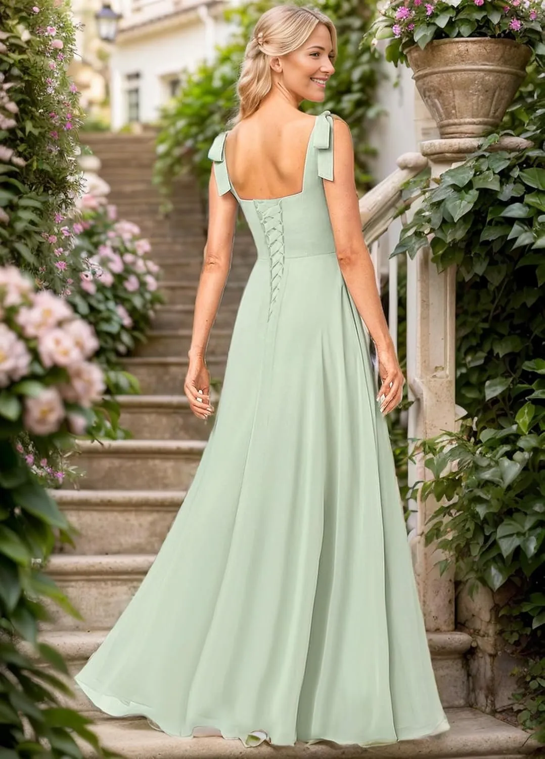 Square Neck Bridesmaid Dresses for Wedding Chiffon A Line Long Formal Evening Dress with Slit