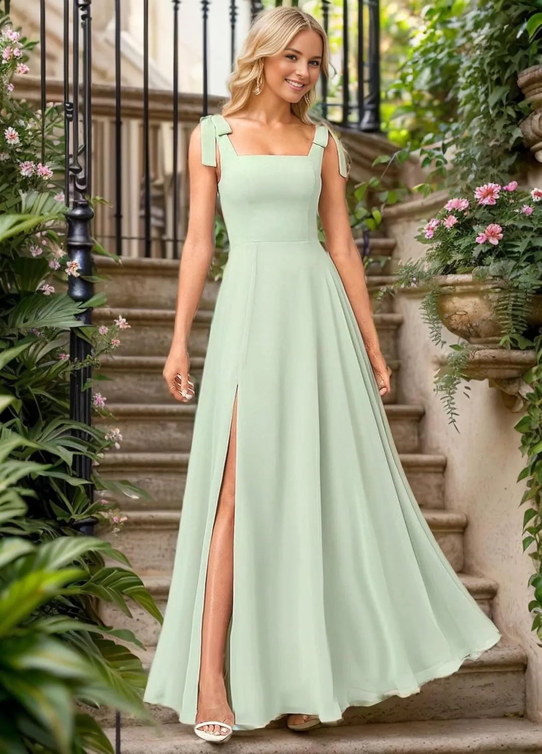 Square Neck Bridesmaid Dresses for Wedding Chiffon A Line Long Formal Evening Dress with Slit