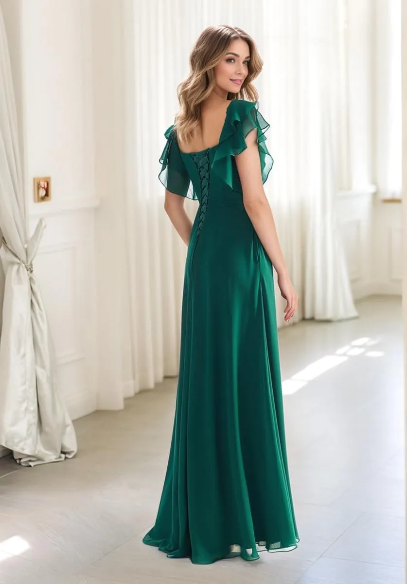 Square Neck Bridesmaid Dresses for Women Pleated Ruffle Chiffon Formal Evening Gowns with Sleeves