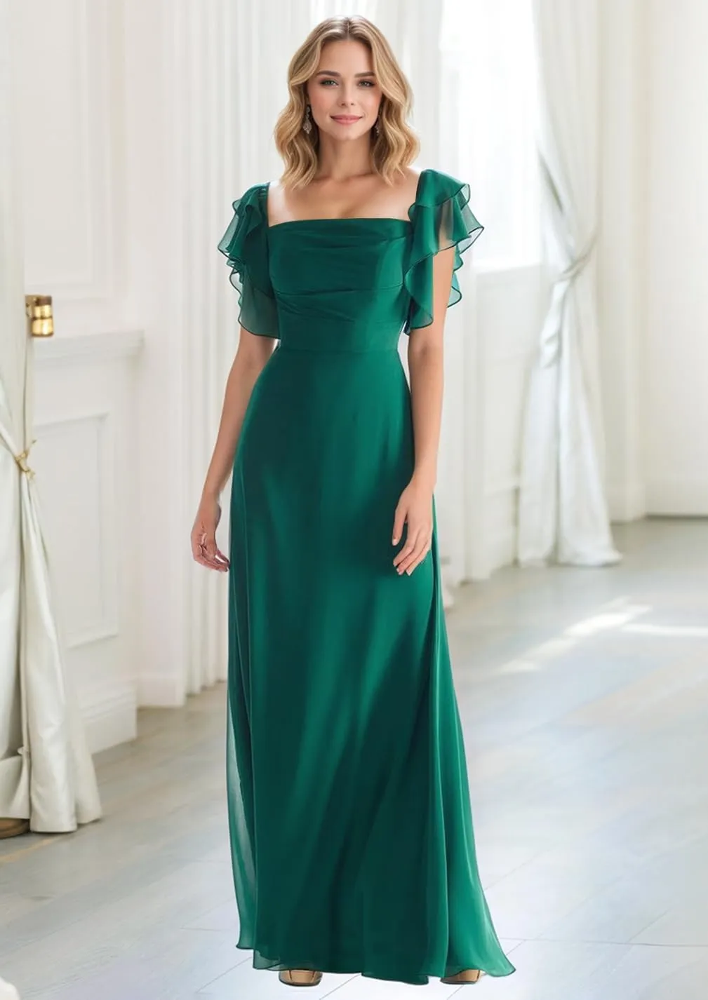 Square Neck Bridesmaid Dresses for Women Pleated Ruffle Chiffon Formal Evening Gowns with Sleeves