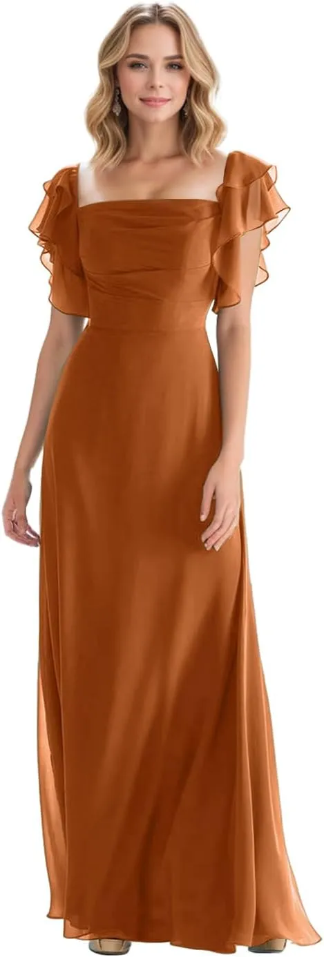 Square Neck Bridesmaid Dresses for Women Pleated Ruffle Chiffon Formal Evening Gowns with Sleeves