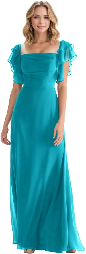 Square Neck Bridesmaid Dresses for Women Pleated Ruffle Chiffon Formal Evening Gowns with Sleeves