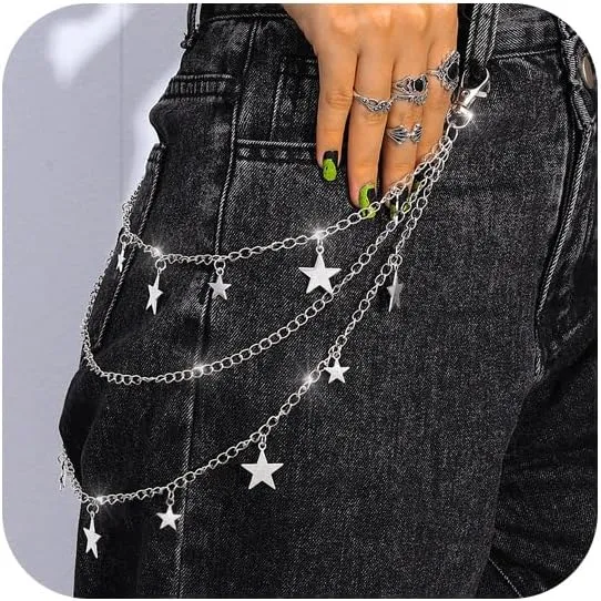 Star Pants Chain Belt Silver Y2k Jeans Chains Layered Wallet Accessories for Women and Men