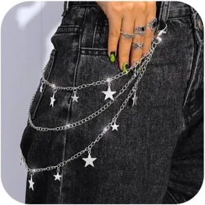 Star Pants Chain Belt Silver Y2k Jeans Chains Layered Wallet Accessories for Women and Men