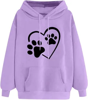 Stessotudo Heart Print Hoodies for Women Drawstring Long Sleeve Cute Sweatshirt Paw Print Plus Size Oversized Graphic Tops
