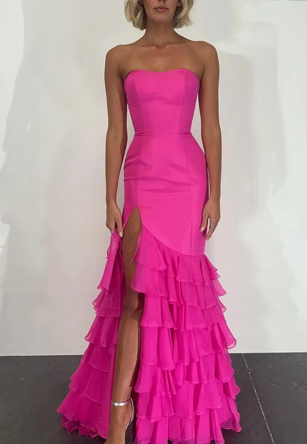 Strapless Chiffon Tiered Prom Dress with Satin Side Split Mermaid Long Evening Party Gown with Cascading Ruffles