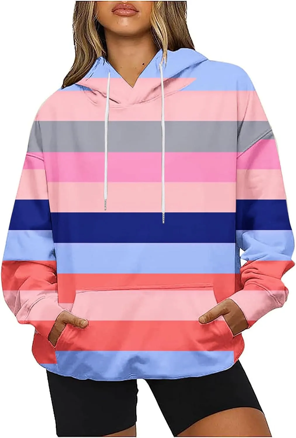 Striped Hoodie for Women Sweatshirt Long Sleeve Pullover Drawstring Hoodie Front Pocket Fall Streetwear Athleisure