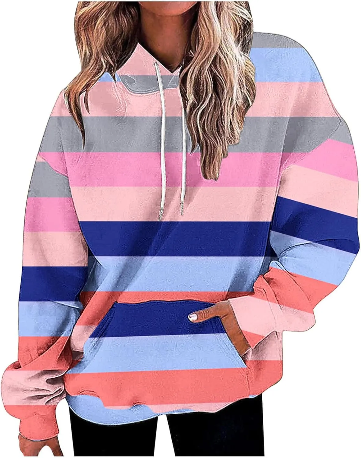 Striped Hoodie for Women Sweatshirt Long Sleeve Pullover Drawstring Hoodie Front Pocket Fall Streetwear Athleisure