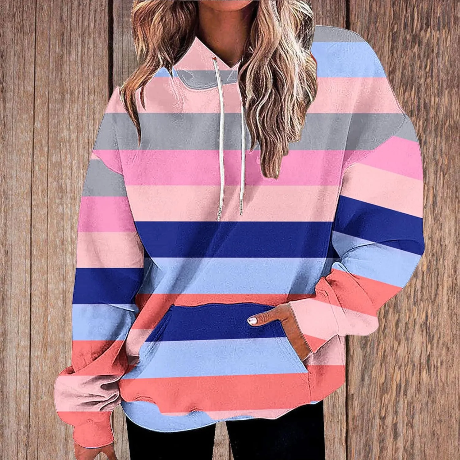 Striped Hoodie for Women Sweatshirt Long Sleeve Pullover Drawstring Hoodie Front Pocket Fall Streetwear Athleisure