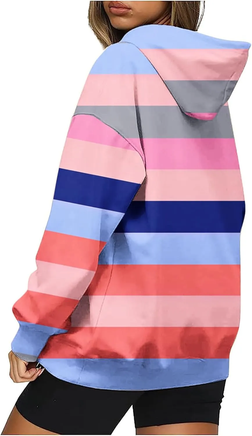 Striped Hoodie for Women Sweatshirt Long Sleeve Pullover Drawstring Hoodie Front Pocket Fall Streetwear Athleisure