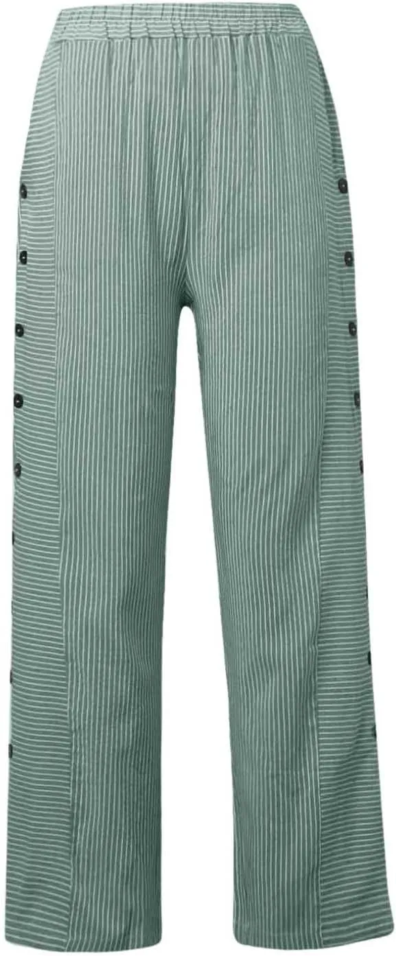 Striped Pants Women Summer Trendy Side Button Lightweight Elastic Waist Straight Leg Casual Trousers with Pockets