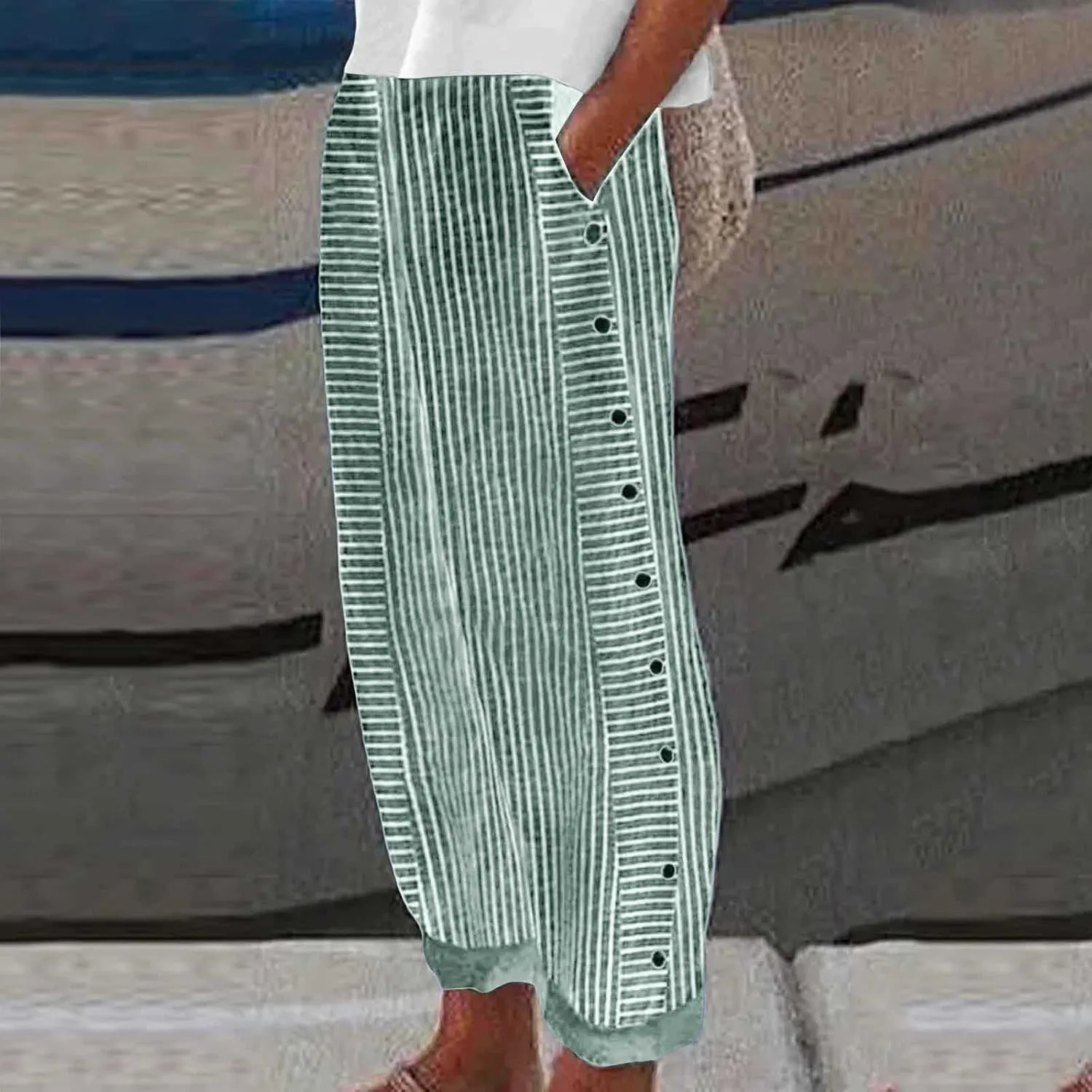 Striped Pants Women Summer Trendy Side Button Lightweight Elastic Waist Straight Leg Casual Trousers with Pockets