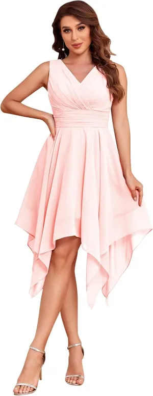 Sukleet Women's Chiffon Short Bridesmaid Dresses V Neck Ruched Mini Formal Cocktail Party Dress