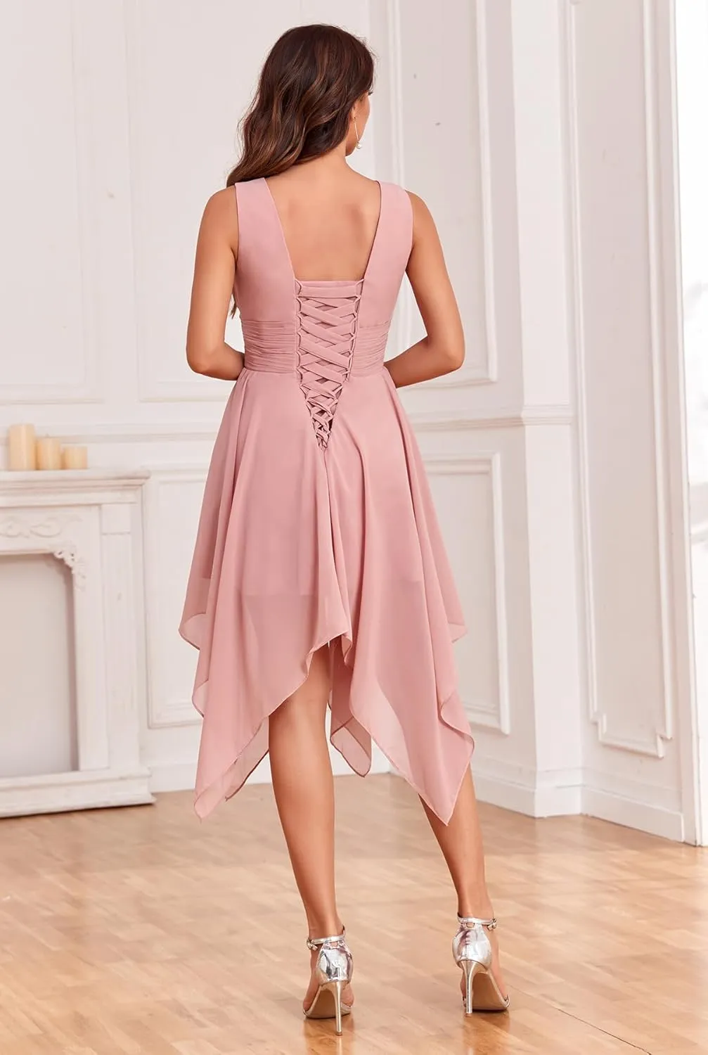 Sukleet Women's Chiffon Short Bridesmaid Dresses V Neck Ruched Mini Formal Cocktail Party Dress