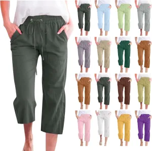 Summer Cotton Linen Capri Pants for Women Straight Wide Leg Cropped Trousers with Elastic Drawstring Waist