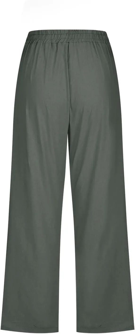 Summer Cotton Linen Capri Pants for Women Straight Wide Leg Cropped Trousers with Elastic Drawstring Waist
