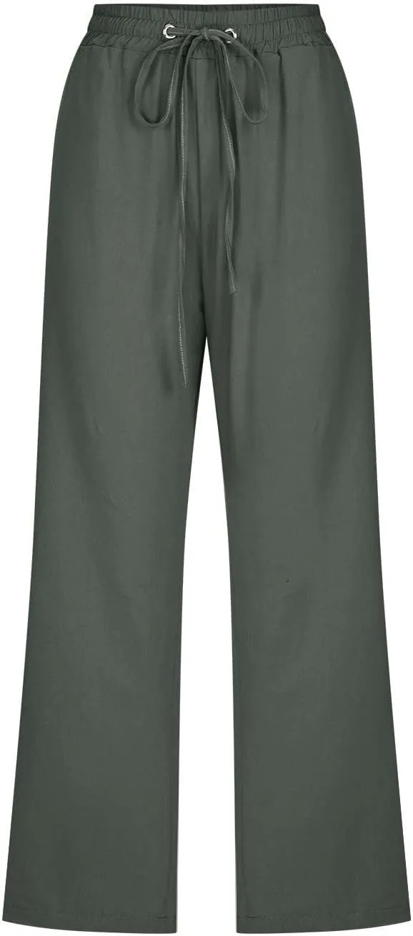 Summer Cotton Linen Capri Pants for Women Straight Wide Leg Cropped Trousers with Elastic Drawstring Waist