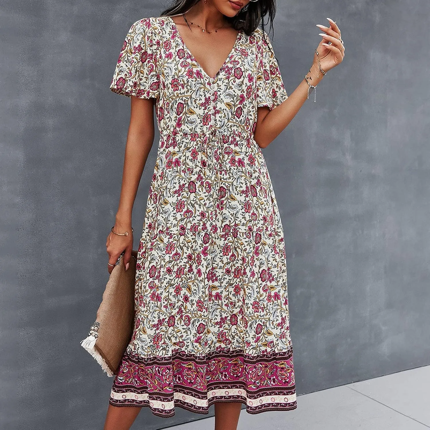 Summer Dresses for Women 2024 Casual Loose Floral Print Boho Beach Dress V Neck Drawstring Ruffle Sleeve Midi Dress