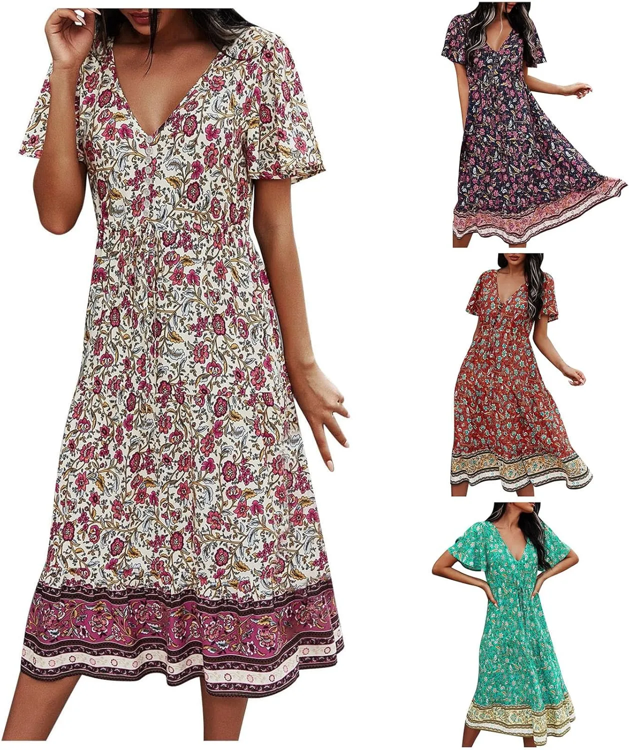 Summer Dresses for Women 2024 Casual Loose Floral Print Boho Beach Dress V Neck Drawstring Ruffle Sleeve Midi Dress