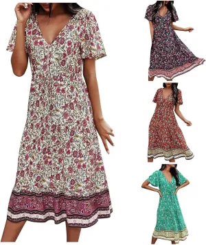 Summer Dresses for Women 2024 Casual Loose Floral Print Boho Beach Dress V Neck Drawstring Ruffle Sleeve Midi Dress