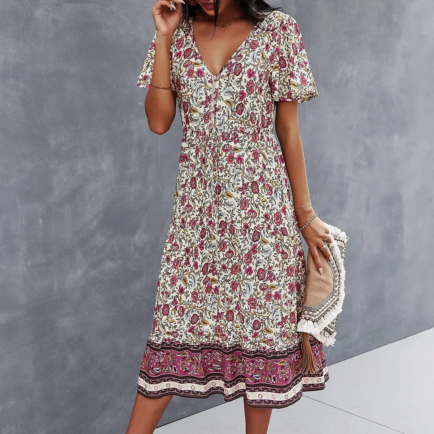 Summer Dresses for Women 2024 Casual Loose Floral Print Boho Beach Dress V Neck Drawstring Ruffle Sleeve Midi Dress