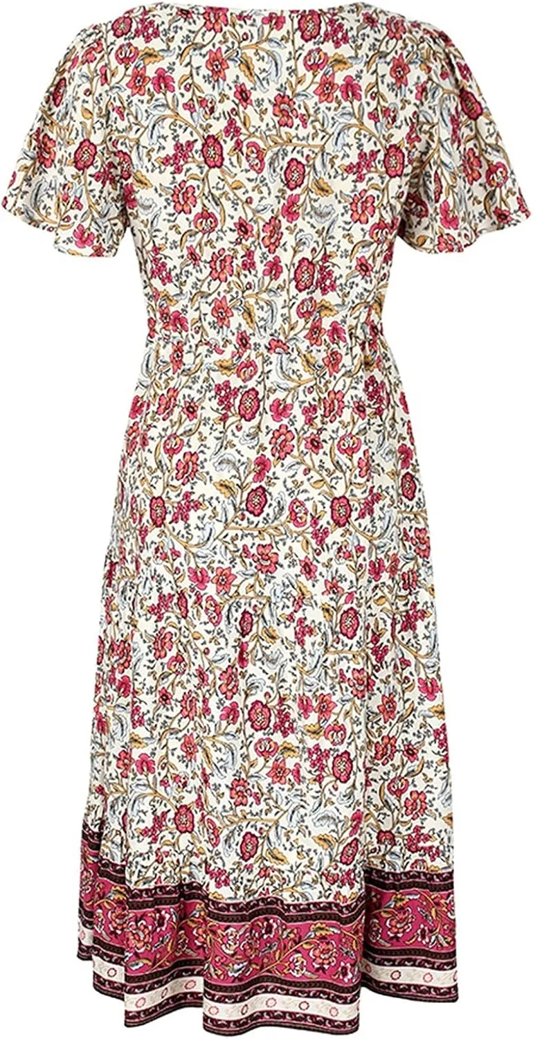 Summer Dresses for Women 2024 Casual Loose Floral Print Boho Beach Dress V Neck Drawstring Ruffle Sleeve Midi Dress