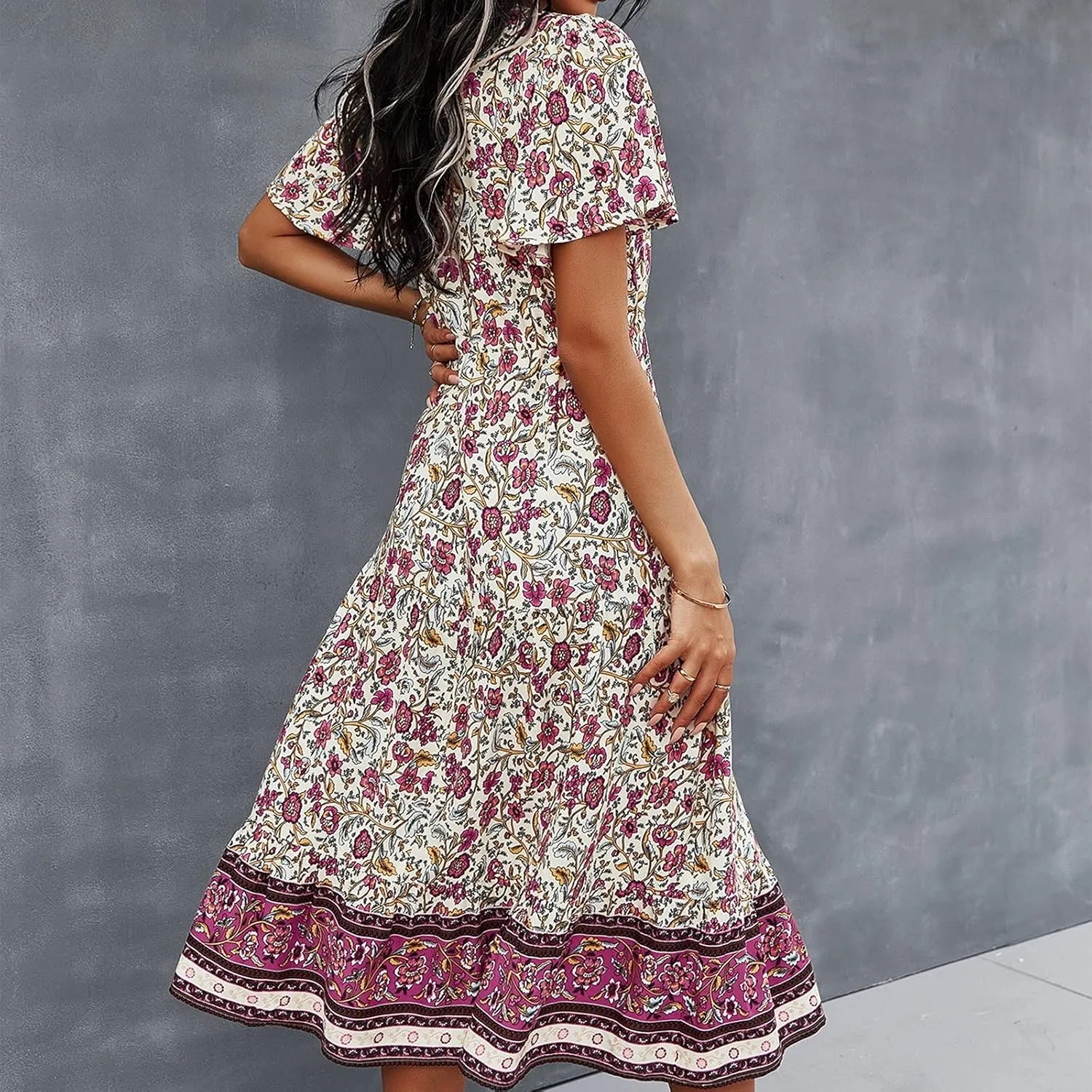 Summer Dresses for Women 2024 Casual Loose Floral Print Boho Beach Dress V Neck Drawstring Ruffle Sleeve Midi Dress